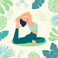 Young woman in Raja Kapotasana posture or King Pigeon Pose. Female cartoon character practicing yoga. Royalty Free Stock Photo