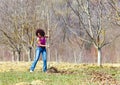 Young woman with a rake in an orchard Royalty Free Stock Photo