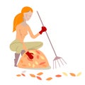 Young woman rakes yellow autumn leaves. Isolated person on white background. Flat style