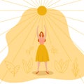 Young woman reaches for the sun. Feminist concept. International Women Day greeting card. Girl power, strong women.