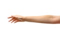 Young woman reaching hand for shake on white background