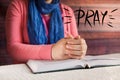 Young woman read Bible and pray, religion and christianity concept