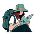 Young woman reading book while backpacking adventure