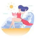 Young woman reading a book at the beach. Colorful vector illustration in flat cartoon style.