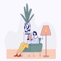 Young woman reading book on chair at home. Flat style vector illustration Royalty Free Stock Photo