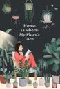 Young woman reading book on a chair in a room ful of potted plants. Home is where my plants are text. Flat style vector Royalty Free Stock Photo