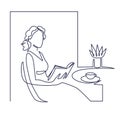 Young woman reading book continuous one line vector drawing