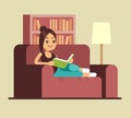 Young woman reading book on couch. Relaxing at home vector concept Royalty Free Stock Photo