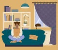 Young woman reading book in cozy livingroom. Hobbies and leisure time at home. Interior design. Flat illustration