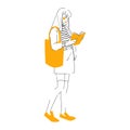 Young woman reading book, with shopper bag. Cute student girl outline vector sketch black linear illustration isolated on white Royalty Free Stock Photo