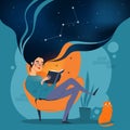 Young woman reading a book sitting in an armchair. Astronomy study concept, vector illustration