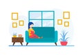 Young Woman Reading Book Sitting on Couch Flat Vector Illustration Royalty Free Stock Photo