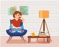 Young woman reading book sitting on the sofa. Colorful cartoon vector illustration