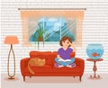 Young woman reading book sitting on the sofa. Colorful cartoon vector illustration Royalty Free Stock Photo