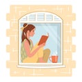 Young woman reading a book sitting by the window at home. Safety home concept. Happy people at home. Vector illustration in flat Royalty Free Stock Photo