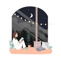 Young woman reading book in the window at night. Drinking tea and reading in the city, cartoon vector illustration Royalty Free Stock Photo