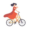 Young Woman in Red Dress Riding Bicycle, Cycling Girl Relaxing or Going to Work Vector Illustration