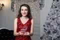 A young woman in a red dress smiles holding a small shopping cart in her hand on the background of a Christmas tree Royalty Free Stock Photo