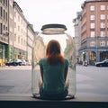 Young woman with red hair sitting inside a jar on the street, surreal city scene. AI generated picture