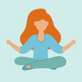 Young woman with red hair sitting in lotus position gymnastics yoga, simple female character