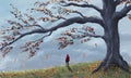 Young woman in red jacket standing on meadow with large autumn tree, falling leaves and cloudy sky. Digital painting, landscape Royalty Free Stock Photo