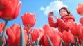 Young woman in red jacket taking a picture of tulips. Canadian Tulip Festival or Netherlands event Royalty Free Stock Photo