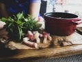 Young woman and red pot of traditional Russian beetroot soup - borscht. Raw and vegan with tomatoes, potatoes, dill, parsley, Royalty Free Stock Photo