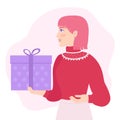 Young woman in a red sweater with a New Year\'s gift. The girl gives a gift.Funny cartoon character preparing for Christmas.