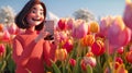 Young woman in red sweater taking a picture of tulips. Canadian Tulip Festival or Netherlands event. 3d Royalty Free Stock Photo