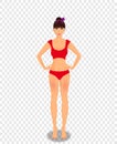 Young woman in red underwear bikini on white background.