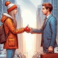 A young woman in a red and white hat and coat shakes hands with a young man in a suit. They are standing on a city street with Royalty Free Stock Photo