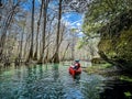 Young woman in red-yellow kayak paddling on clear waters of the Itchetucknee River in late winter, Florida