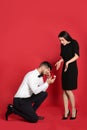 Young woman rejecting engagement ring from boyfriend on background Royalty Free Stock Photo