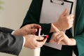 Young woman rejecting marriage proposal Royalty Free Stock Photo