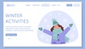Young woman rejoices in the snow, web page template