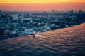 Young woman relax in swimming pool on roof top during amazing sunset Royalty Free Stock Photo