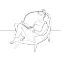 Young woman relaxed sitting in a comfortable chair with a book continuous line drawing vector.Woman reading a book Royalty Free Stock Photo