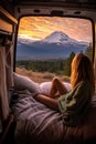 Young woman relaxed in a van looking a gorgeous sunset landscape. hippie and camper van life concept.