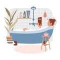 Young woman relaxes in bath and reads book. Daily life and everyday routine. Girl is in cozy bathroom with home plants and cup of Royalty Free Stock Photo