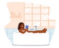 Young Woman Relaxing in Bathtub Reading Book. Happy African Female Character Hygiene, Wellness and Beauty Procedure