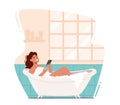 Young Woman Relaxing in Bathtub with Smartphone in Hands. Happy Female Character Hygiene and Beauty Procedure