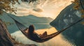 Young woman relaxing in hammock on the lake with AI generated. Royalty Free Stock Photo
