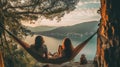 Young woman relaxing in hammock on the lake with AI generated. Royalty Free Stock Photo