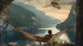 Young woman relaxing in hammock on the lake with AI generated. Royalty Free Stock Photo