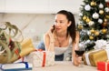 woman is relaxing at home with glass of wine during New Year holidays Royalty Free Stock Photo