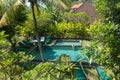 Young woman relaxing in outdoor swimming pool surrounded with lush tropical greenery of Ubud, Bali.