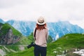 Young woman relaxing outdoor travel freedom lifestyle with mount Royalty Free Stock Photo