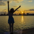 Young woman relaxing in summer sunset sky outdoor. People freedom style Royalty Free Stock Photo