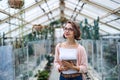 Woman researcher standing in greenhouse, using tablet. Royalty Free Stock Photo