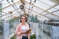 Young woman researcher standing in greenhouse, using tablet. Royalty Free Stock Photo